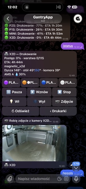 Telegram: postęp X2D, temperatury, pauza i podgląd kamery